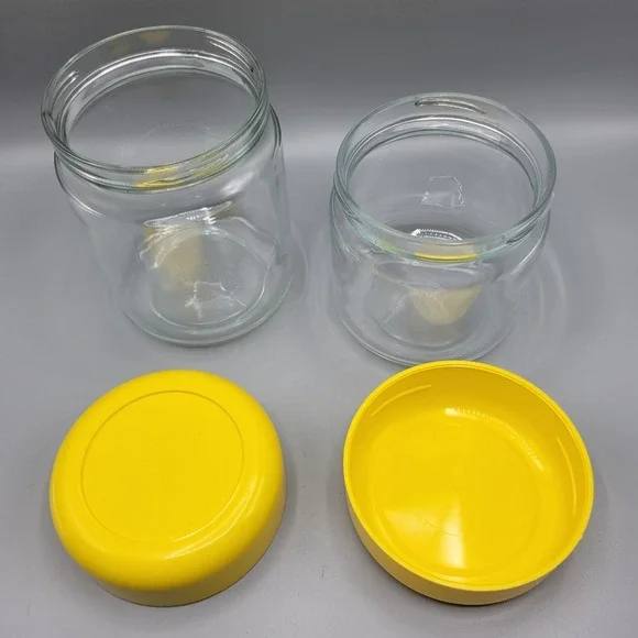 Vtg Retro MCM Heller Design Massimo Vignelli Glass Canisters Set Of 2 Yellow Lid - Picture 5 of 7